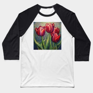 Trio of Deep Red Folk Art Tulips Baseball T-Shirt